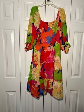 Bright Multi-Color Floral Midi Dress with Puff Sleeves